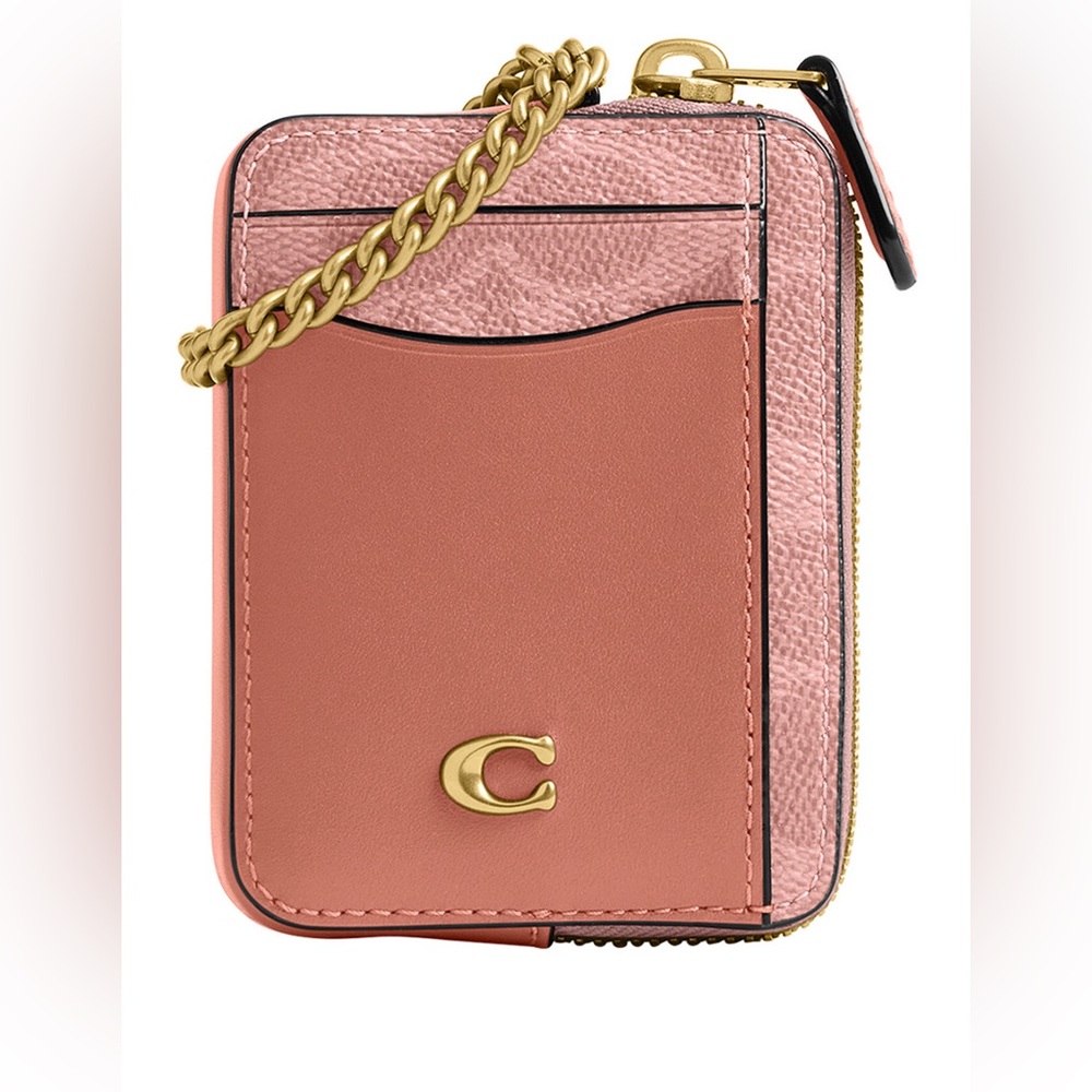 Coach Essential Signature Canvas Chain Card Pink Leather Mini Compact Case NWT